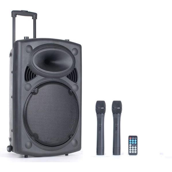 QTX QR15PABT MOBIELE BLUETOOTH PA LUIDSPREKER BOX ACCU TROLLEY USB/SD/VHF 800W