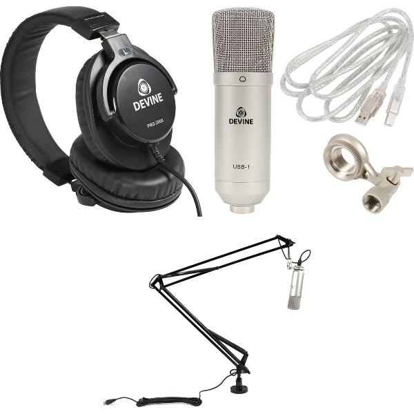 De Devine USB-1 Podcast Bundel omvat om te beginnen de USB-1 usb-microfoon van Devine. Daarnaast zijn de IVA 08 broadcast microfoonarm en de Devine Pro 2000 hoofdtelefoon ook inbegrepen.