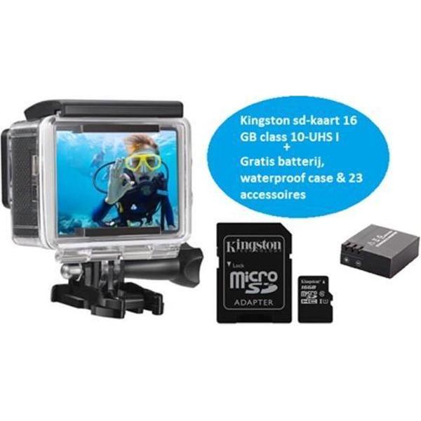 Lipa AT-30 action camera 4K en 16 MP - Wifi phone remote - Met 32 accessoires- Met waterproof case- Met beeldstabilisatie- Met SD 16 GB