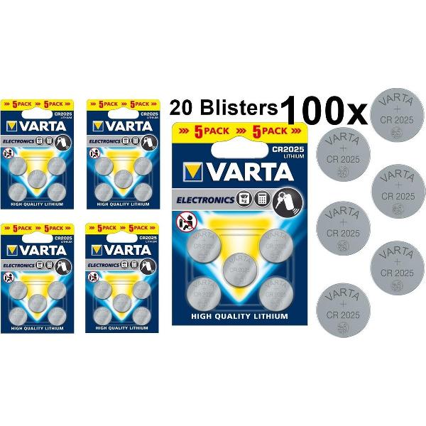 100 Stuks (20 Blisters a 5st) - VARTA CR2025 3v lithium knoopcel batterij