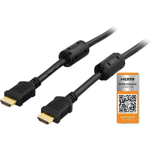 DELTACO HDMI-1005, Premium High Speed HDMI met Ethernet, 3D, 4K, Ultra HD 60Hz, vergulde connectoren, 19-pins mannelijk-mannelijk, 0.5m