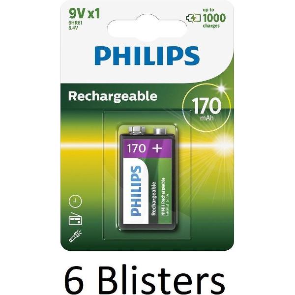 6 Stuks (6 Blisters a 1 st) Philips Oplaadbare 9V batterij - 170mAh