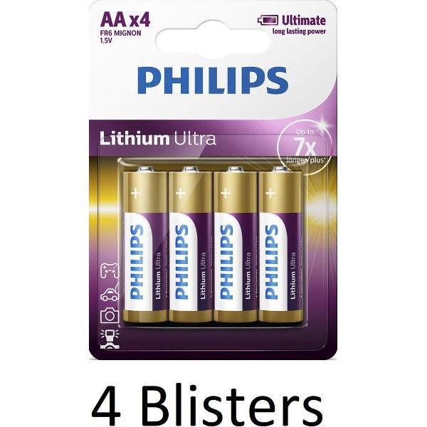 16 stuks (4 blisters a 4 stuks) Philips AA Lithium Ultra Batterijen