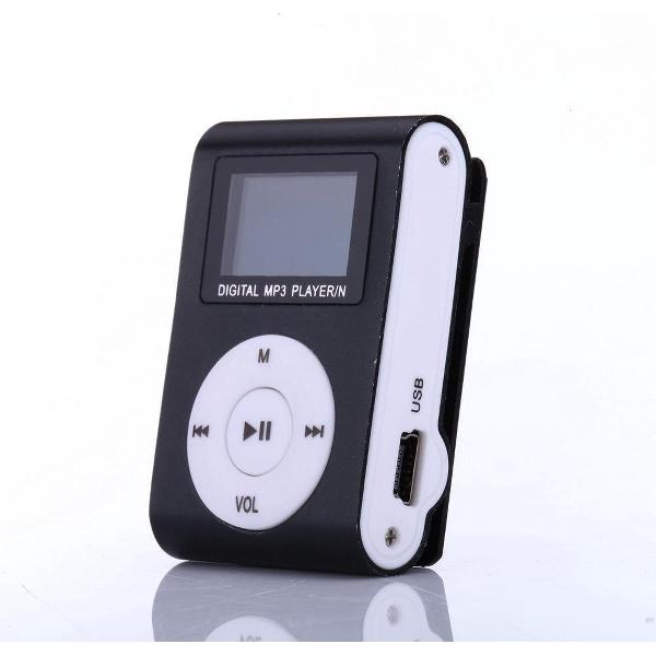 Mini clip MP3 speler FM radio met display Zwart en in-ear koptelefoon