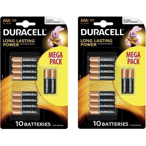 20 Stuks (2 Blisters a 10st) - Duracell MEGA PACK LR03 / AAA / R03 / MN 2400 1.5V alkaline batterij
