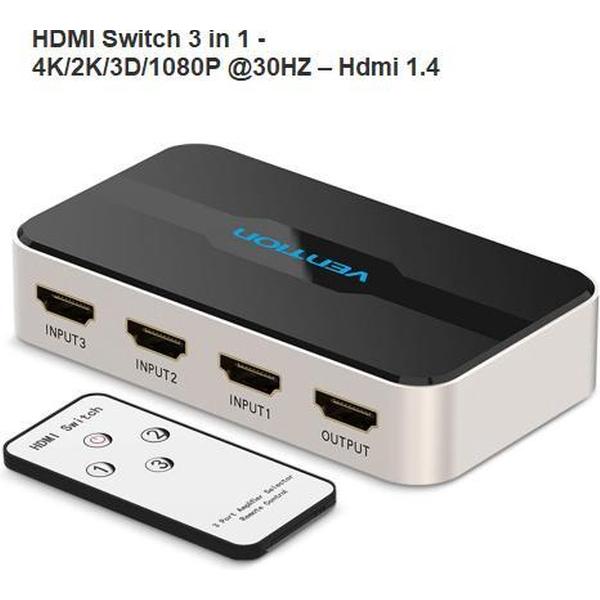 Vention - HDMI Switch 3 in 1 - 4K/2K/3D/1080P @30HZ – Hdmi 1.4 / HDCP 1.2 met afstandsbediening & Audio/Video Sync voor o.a voor XBOX 360 PS4/PS3 Smart android