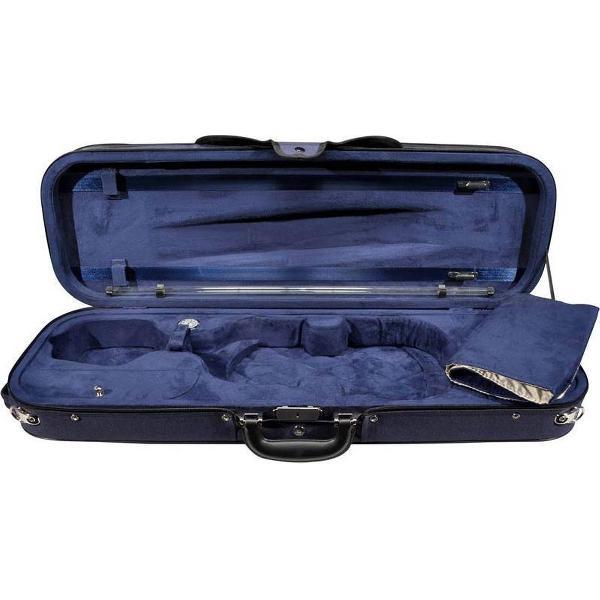 vioolkoffer 4/4, rechthoekig, stryrofoam, 2 riemen, blauw, blauw suede interieur