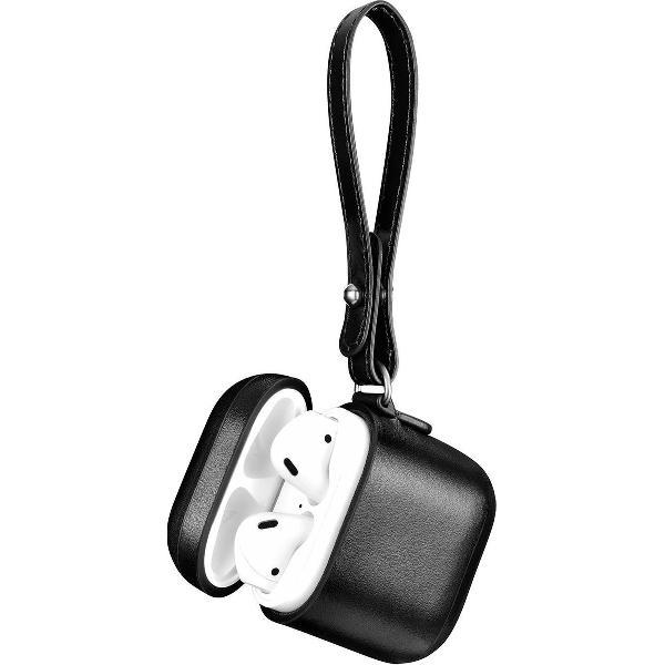 iCarer - Leren Etui voor Apple AirPods met Koord - Zwart