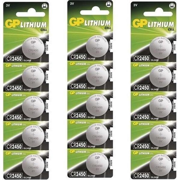 15 Stuks (3 Blisters a 5st) - GP CR2450, DL2450, ECR2450 3V Lithium knoopcel batterij