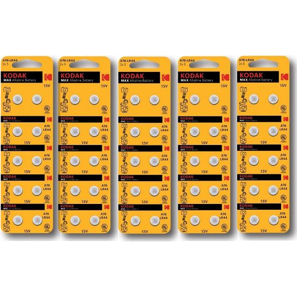 Kodak AG13/LR44/76A/V13GA/A76 1.5v Alkaline knoopcel batterij - 50 Stuks (5 Blisters a 10St)
