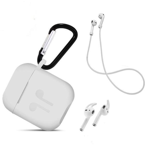 3 in 1 set! Airpods hoesje siliconen case cover beschermhoes + strap voor Apple Airpods - wit