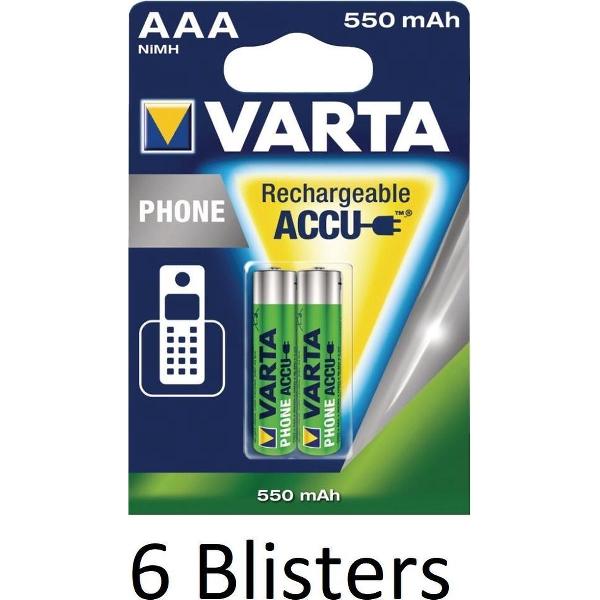 12 Stuks (6 Blisters a 2 st) Varta oplaadbare batterijen AAA, 550 mAh