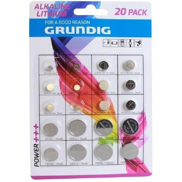 1 blister assortiment met 20 GRUNDIG Batterijen AG1/LR621 AG5/LR754 AG8/LR1120 AG12/LR43 AG3/LR41 AG4/LR626 AG10/LR1130 AG13/LR44 CR1620 CR2016 CR2025 CR2032