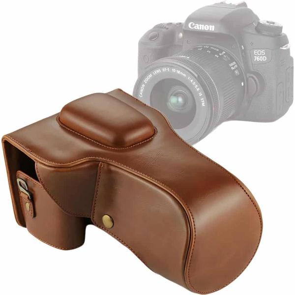 Full Body Camera PU lederen tas tas voor Canon EOS 760D / 750D (18-135 mm lens) (bruin)
