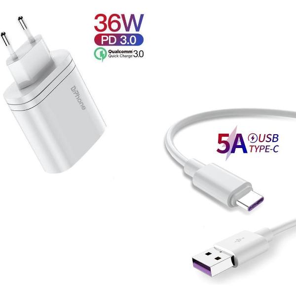 DrPhone ICON - Gecertificeerde 2 Poorten Quick Charge Lader 36W Oplader - USB-C + USB Female 1 Meter 5A Fast Charge Kabel - Geschikt voor HUAWEI / Samsung Tablet en Smartphone