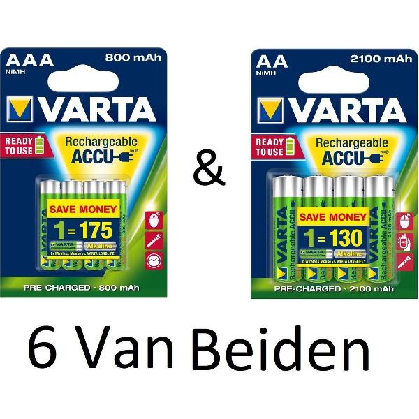 (6 Van Beiden) Varta AA & AAA oplaadbare batterijen Combi aanbieding 800 mAh & 2100 mAh