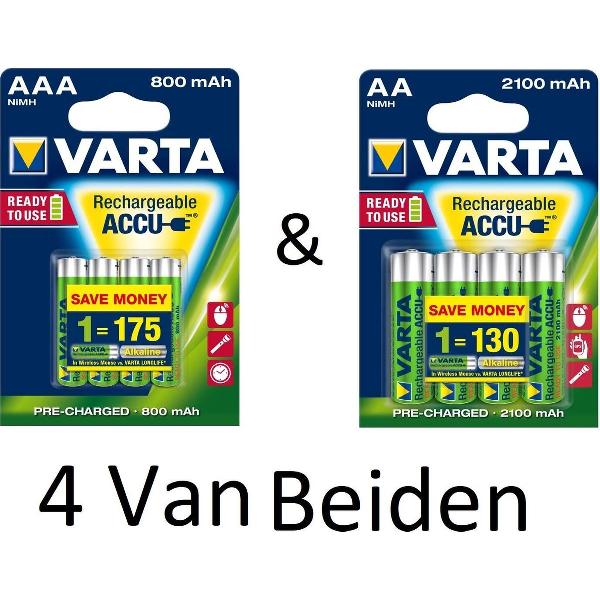 (4 Van Beiden) Varta AA & AAA oplaadbare batterijen Combi aanbieding 800 mAh & 2100 mAh