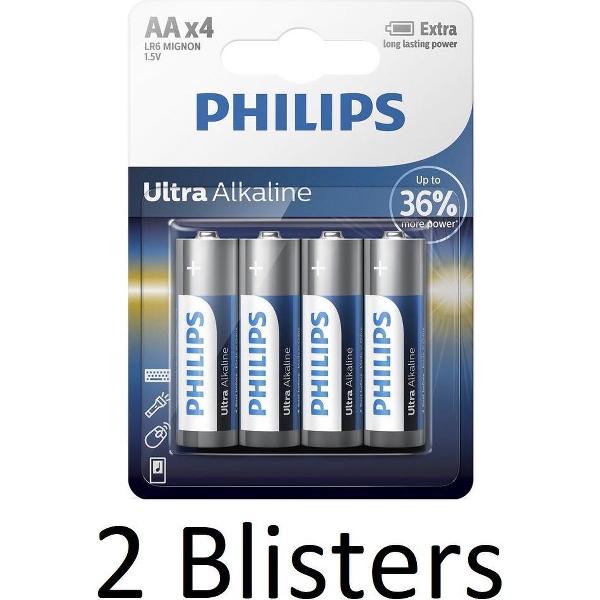 8 Stuks (2 Blisters a 4 st) Philips Ultra Alkaline AA Batterijen