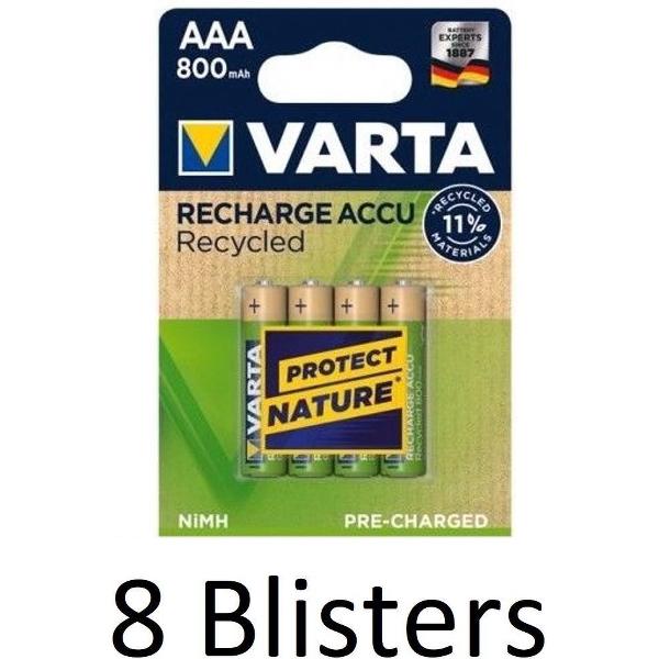 32 Stuks (8 Blisters a 4 st) Varta Recharge Accu Recycled AAA Oplaadbare Batterijen 800 mAh