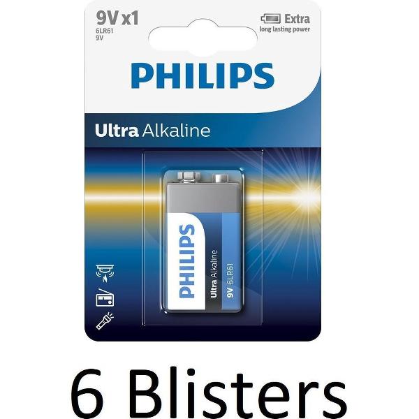 6 Stuks (6 Blisters a 1 st) Philips Ultra Alkaline 9v