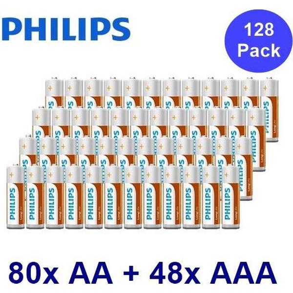 128 Stuks - Philips Power Pack - Longlife Alkaline 80x AA + 48x AAA