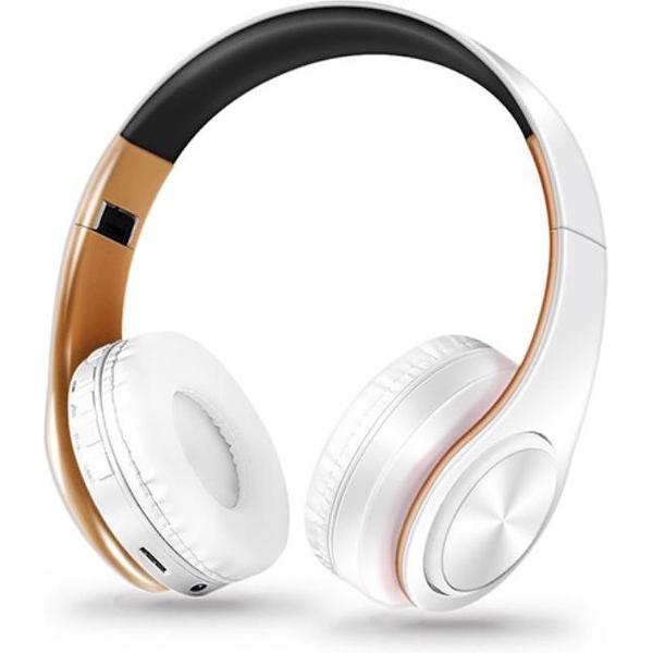 DrPhone Draadloze Bluetooth 5.0 Koptelefoon met 4 functies - SD kaart - FM - AUX - Handsfree Met Microfoon & Diepe Bass - Wit/Goud