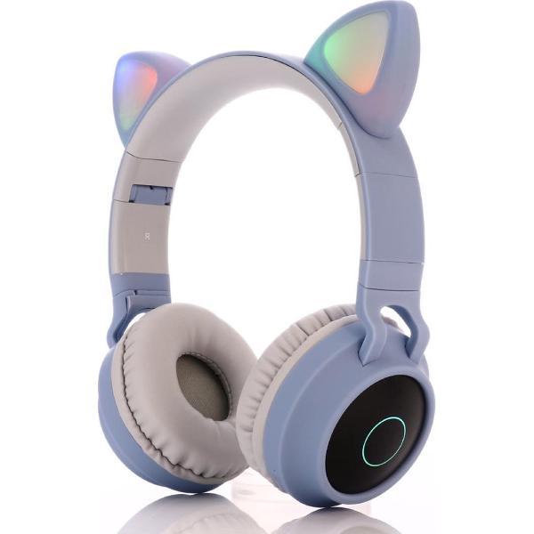 Kinder hoofdtelefoon - koptelefoon Bluetooth met led kattenoortjes licht blauw