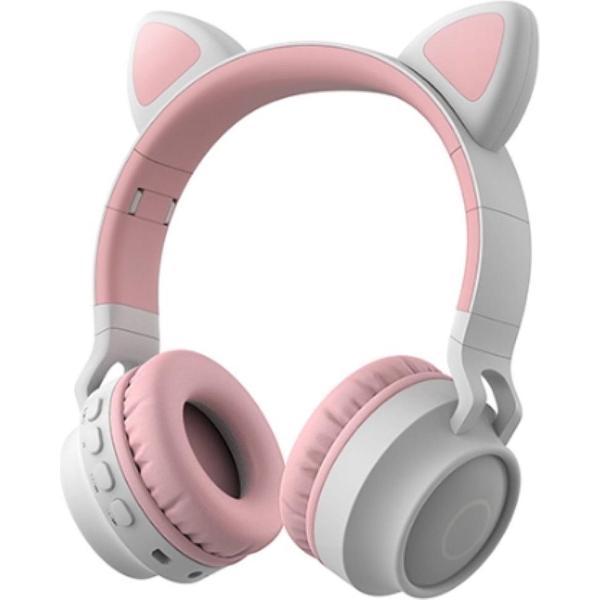 Kinder hoofdtelefoon - koptelefoon Bluetooth met led katoortjes licht grijs - roze - NIEUW
