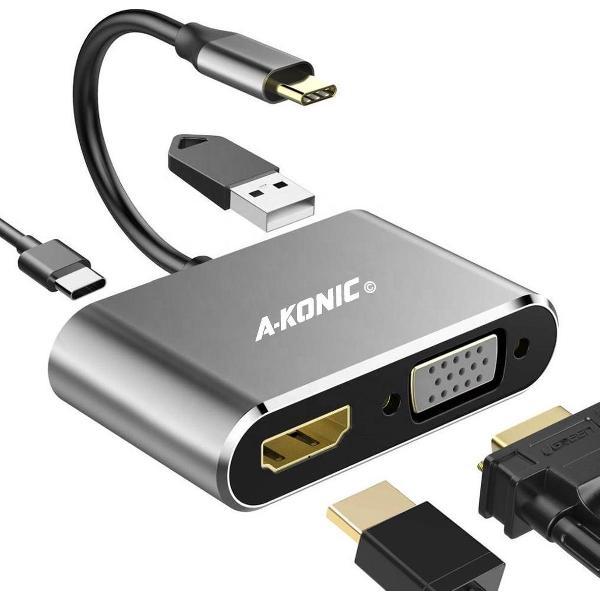 4 in 1 USB C naar HDMI 4K, VGA, usb-c opladen (thunderbolt) & USB A | Type c adapter to HDMI, VGA, Type-C charging & USB 3.0| Apple Macbook | Chromebook | IMAC | Surface | XPS | Dell | Lenovo | Samsung | HP |A-KONIC©