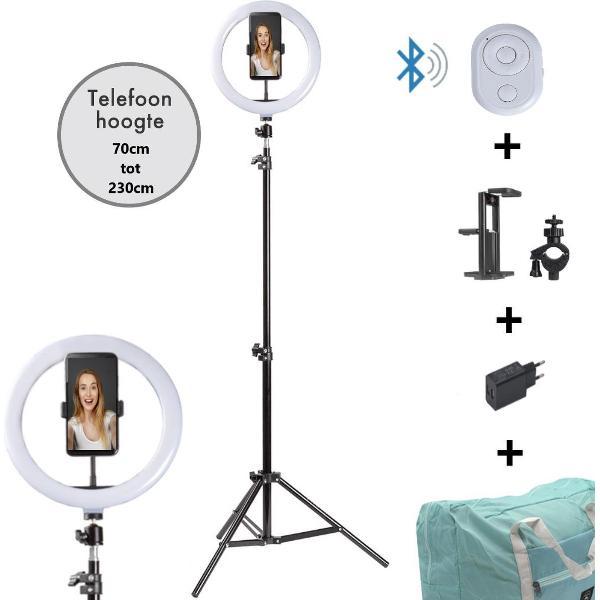 Varin® Ringlamp met 2m statief - LED - 26 cm / 10 inch - 230 cm hoog - Bluetooth remote shutter - Telefoonhouder - Tablethouder - Lichtblauwe tas - Oplader met 2 USB poorten