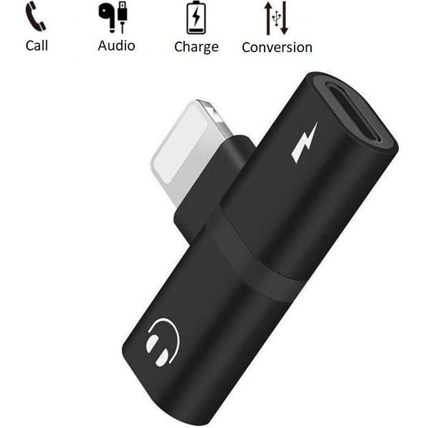 DrPhone Audio Splitter Adapter - 2 Lightning Poorten - Stereo Sound - Opladen + Audio - 2 in 1 - Voor iPhone en iPad - Zwart