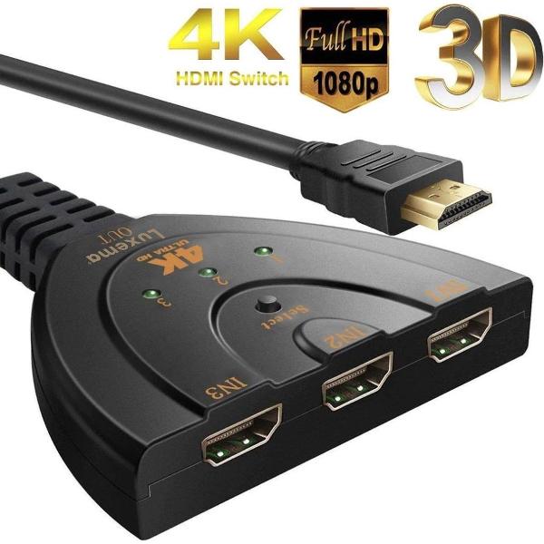 Luxema® - 4K HDMI 1.4 Splitter Switch - 3 in naar 1 uit - 4K 1080p Ultra HD - 3D - ARC - High Speed Internet 10.2Gbit/s - Playstation 5 - XBOX - Nintento - NIEUWSTE VERSIE 1.4B - Ps5 - Zwart - hdmi - hdmi switch - hdmi splitter - Cadeau