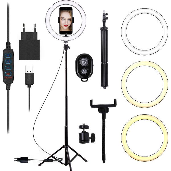 Luuve – Ringlamp met statief - 26 cm/10 inch -186 cm hoog - Studio & vlog lamp – Inclusief adapter – Selfie ring – TikTok lamp