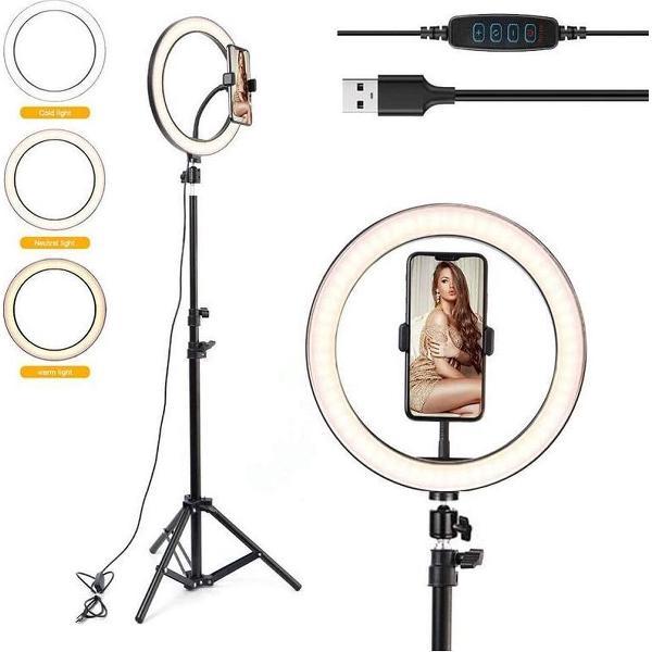 Aerend - Professionele LED Ringlamp met Telefoonhouder - Selfielamp - Studiolamp - Verstelbare Statief - Bluetooth Afstandsbediening - 3 Lichtstanden - TikTok - Facebook - Youtube - Vlog - Make Up - TikTokLamp