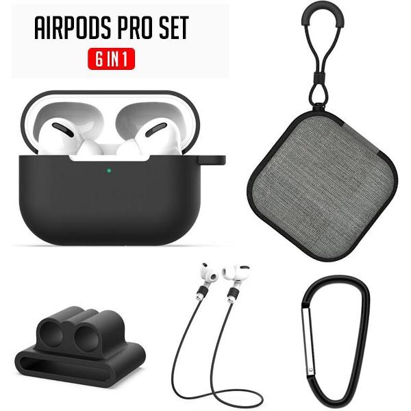 Airpods Pro Silicone Case - 6-in-1 bescherming set voor de Airpods Pro - Airpods Pro Soft Case - Airpods Pro Travel case - Horloge houder - Anti lost Straps - Karabijn haak - 25 Cleaning Sticks (tijdelijk) - Zwart