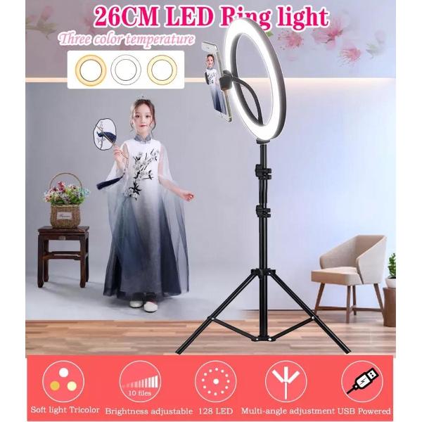 SZKOSTON - Led ringlamp met statief en telefoonhouder- Tripod - Camera lamp - USB 10 inch- 3 Lichtstanden - TikTok - YouTube - Vlog - Ringlight - Ring lamp - Flitser - Voor iPhone, Samsung Huawei, Android-smartphones- Make-up light - Studiolamp