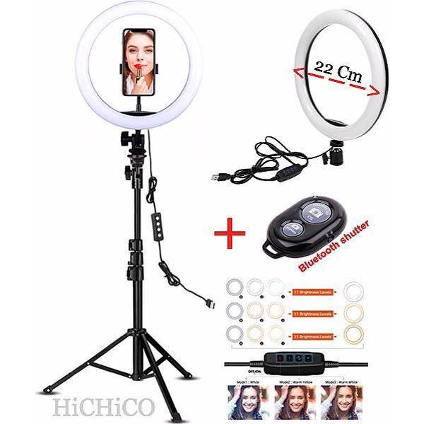 Ringlamp, LED Ring Light 21 Cm met Tripod Camera Statief 2M, Camera Statief Zwart Inclusief Bluetooth shutter en Telefoonhouder Smartphone – HiCHiCO