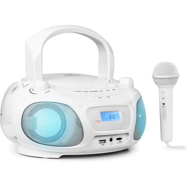 auna Roadie Sing CD speler boombox , FM radio , lichtshow , USB, AUDIO IN en bluetooth , Inclusief kindermicrofoon en sing-a-long functie voor mee- en nazingen