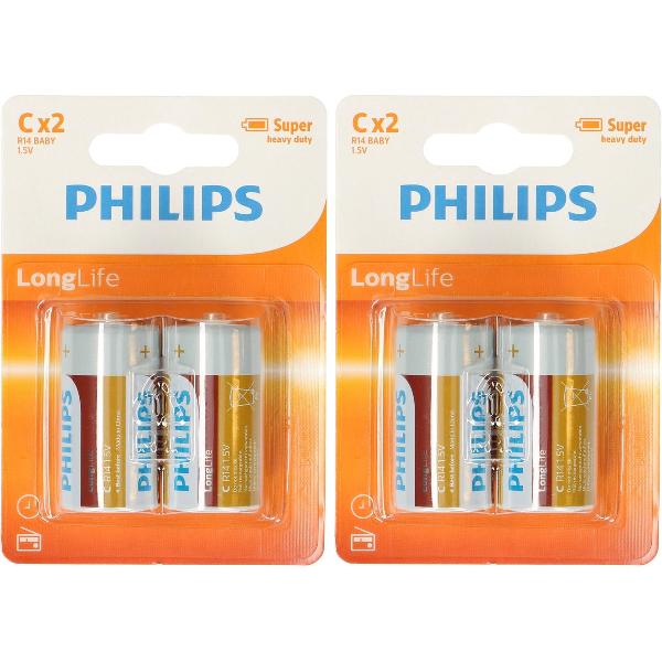 4x Philips Long Life LR14 C-batterijen 1,5 Volt - Altijd handig in huis - Batterijen