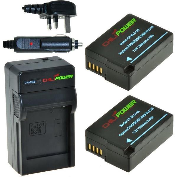 ChiliPower 2 x DMW-BLC12 accu's voor Panasonic - Charger Kit + car-charger - UK versie