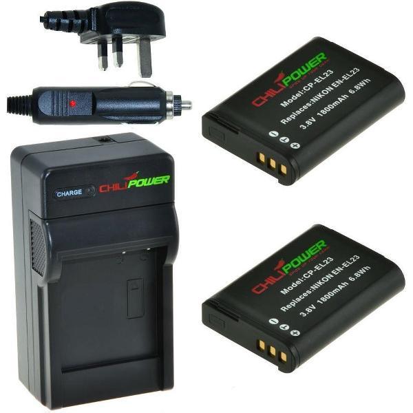 ChiliPower 2 x EN-EL23 accu's voor Nikon - Charger Kit + car-charger - UK versie