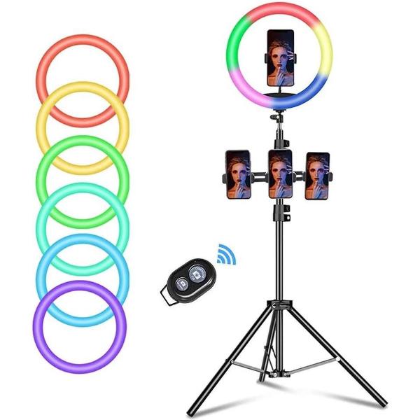 Wuudi® - Selfie Ring Light - Selfie Ringlamp - Smartphone houder - Ringlamp - Ringlamp met statief (verstelbaar) inclusief telefoonhouder - Instagram/TikTok/YouTube - LED Ringlamp - Verschillende kleuren - 26 cm/10 inch -155 cm hoog