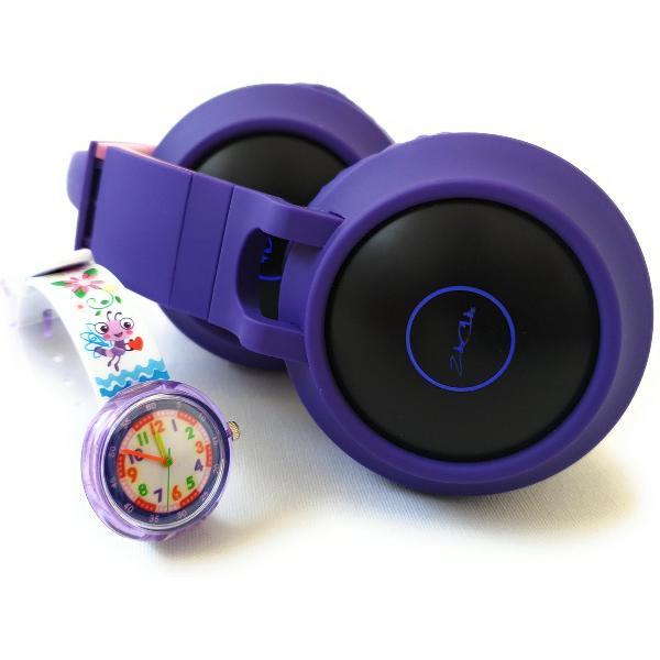 ZaCia Bluetooth Draadloze On-Ear Koptelefoon voor Kinderen Paars Incl. educatief kinderhorloge - Kattenoortjes - Kinder Hoofdtelefoon - Microfoon - HiFi Stereo Audio - Handsfree - Gehoorbescherming - Schakelbare LED-verlichting - Noise Cancelling