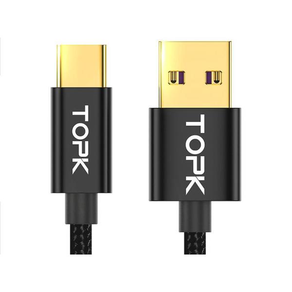 TOPK ® | USB-C Data en Laadkabel | 5.0A Snellader Kabel | Fast en Quick Charge Oplaadkabel | Type C Naar USB-A | Oplaadsnoer Telefoon | Laptop | Huawei | Samsung | Sony | OnePlus | Gevlochten Nylon | 1 Meter | Zwart
