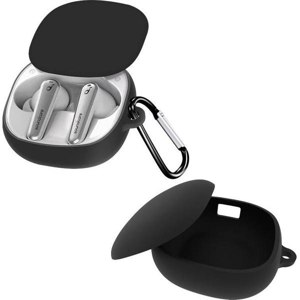 Luxe Siliconen Hoesje Voor Anker Soundcore Liberty Air 2 Pro Draadloze Oordopjes - Soft Case Cover Protector - Travel Beschermhoes - Reis Opberghoes Shell Beschermer Hoes - Met Musketon Haakje - Zwart