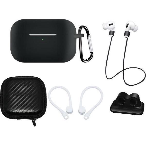 6-in-1 Accessory Bescherming Set Voor Apple Airpods Pro Draadloze Oordopjes Oplaadcase - Earpods Siliconen Bescherm Hoesje Soft Case Cover Earhookds Anti Lost Strap - Met Hardcase Travel Carry Beschermhoes - Zwart