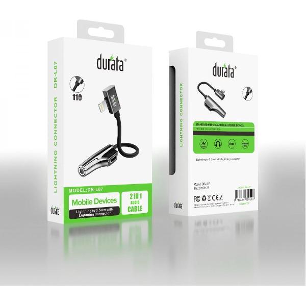 Durata - 2 in 1 Splitter Lightning connector met Lightning naar 3.5mm Jack Female (Zwart)