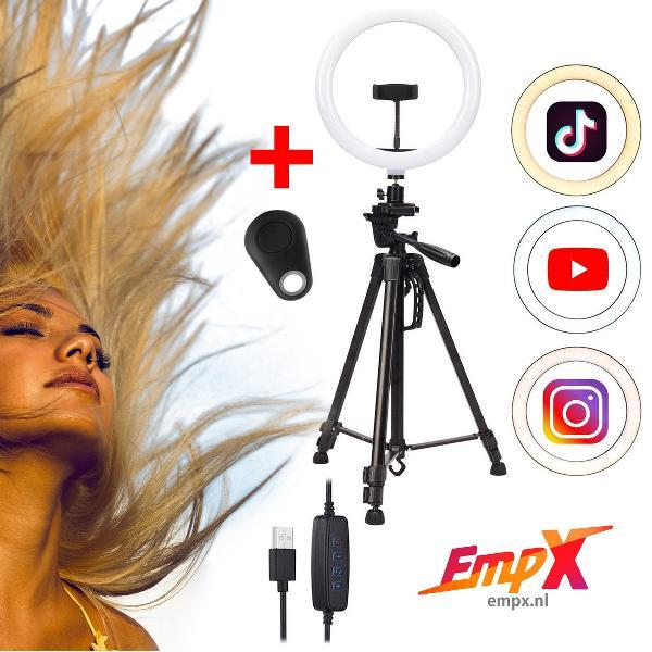 LED Ringlamp met statief (verstelbaar) incl telefoonhouder en bluetooth afstandsbediening - 26 cm/10 inch -186 cm hoog - USB - TikTok - Ringlight - flitser - Ring lamp - Ringlamp telefoon - Vlog - Make-up light - Studiolamp - empx.nl