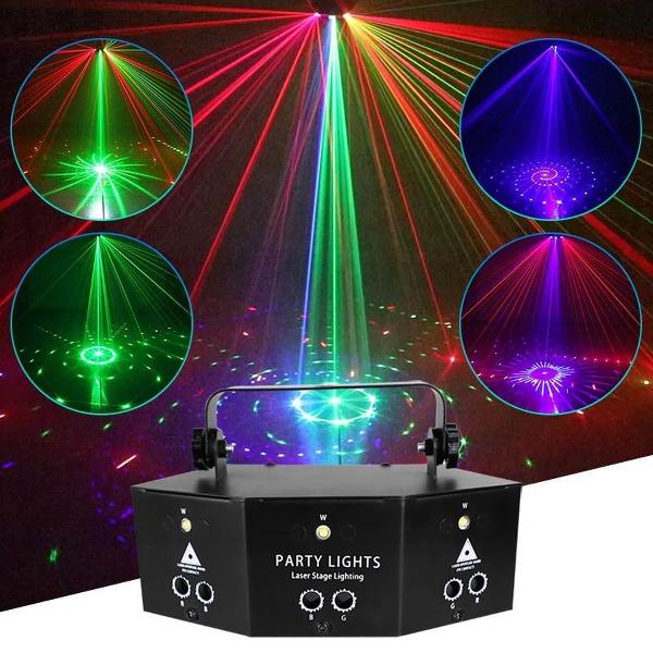 Glarity Feestlamp Discolamp 6 Lasers Stroboscoop Afstandsbediening - Projector - DMX512 - Reageert Op Muziek - LED - Party lights - Laser - RGB - Laserlamp - Huisfeest - Party - LED lamp - Lichteffect
