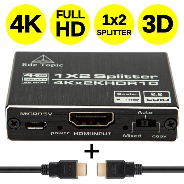 Rde Topic Professionele HDMI-Splitter 2 in 1 met HDMI Kabel– Dupliceren van hetzelfde Beeldscherm – Inclusief HDMI Kabel - 2 Poorts, 1 in en 2 Uitgaande HDMI’s – Verdeler Monitors en Tv’s